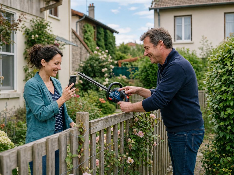 Un loueur remet son taille-haie à une voisine devant son portail