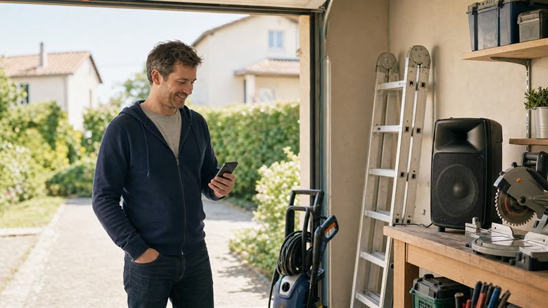 Un particulier regarde le matériel de son garage, téléphone en main