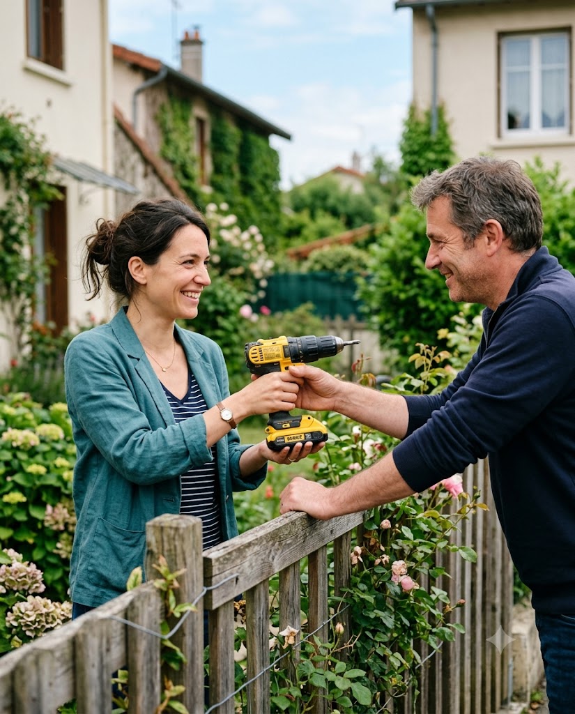 Deux voisins se prêtent une perceuse par-dessus la clôture d'un jardin