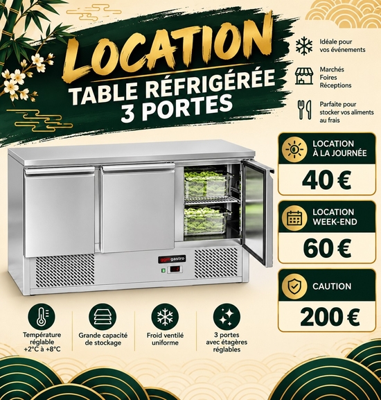 Location table réfrigérée professionnelle inox – 3 portes
